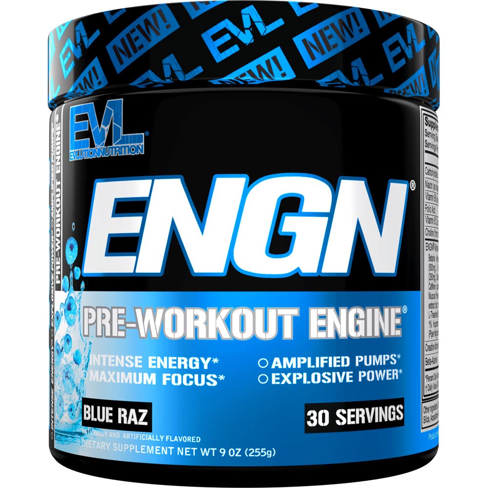 EVL ENGN preentrenamiento, botella azul, enfoque mejorado para entrenos prolongados.