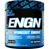 EVL ENGN preentrenamiento, botella azul, enfoque mejorado para entrenos prolongados.