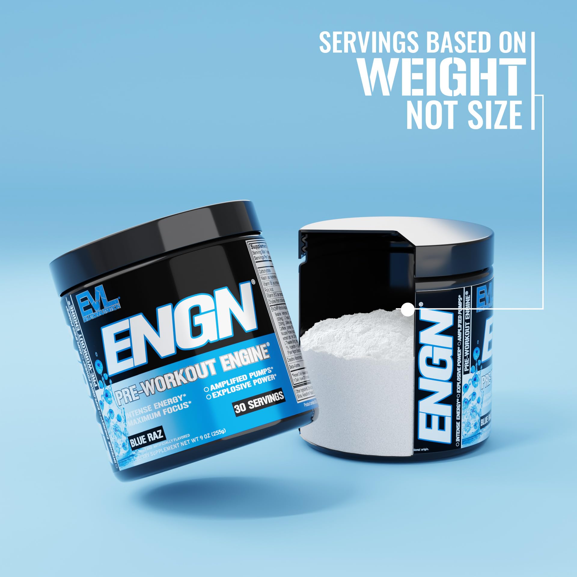 EVL ENGN preentrenamiento, envase azul, energía sostenida para cardio y fuerza.