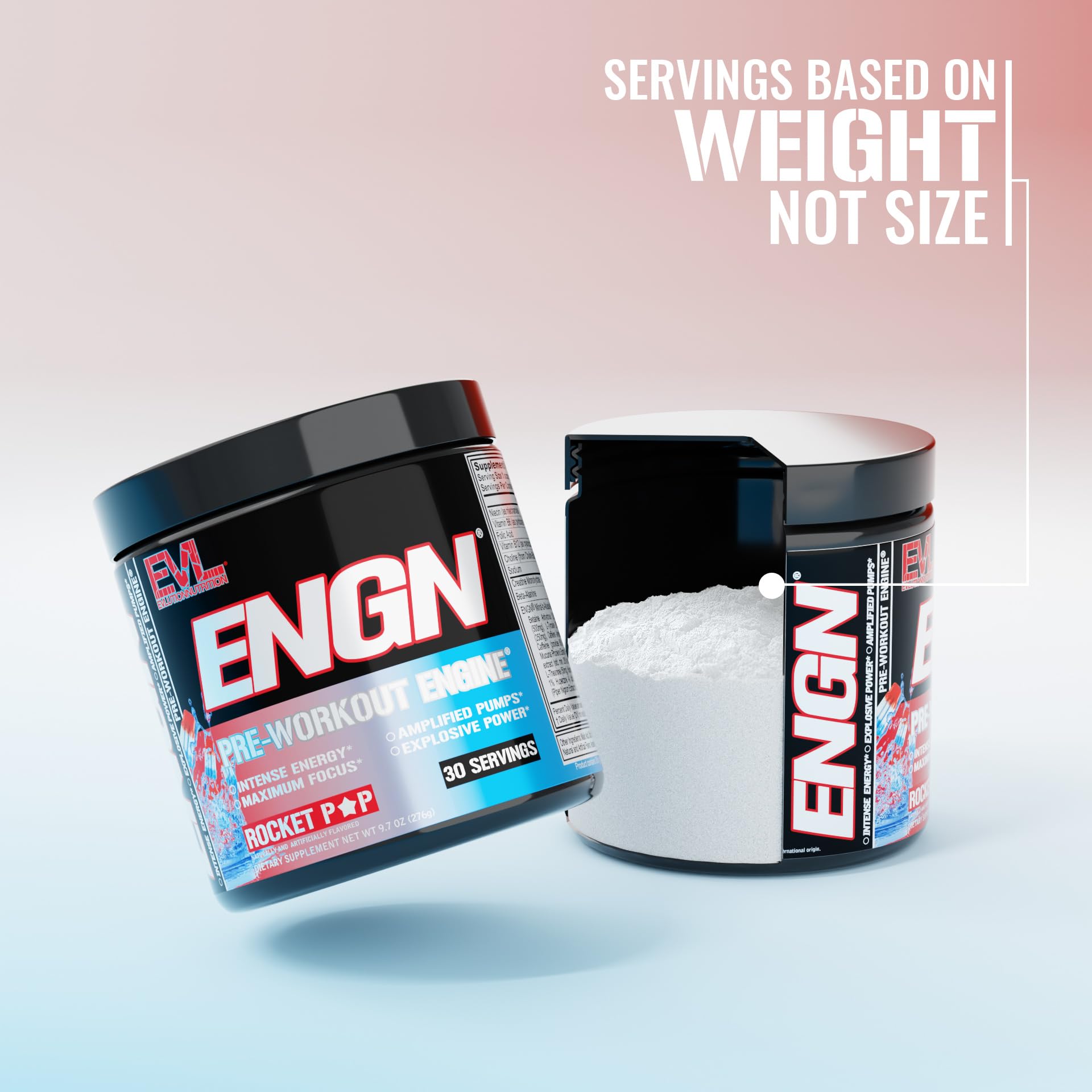 Etiqueta EVL ENGN que muestra ingredientes para potencia y rendimiento.