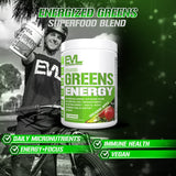 EVL Super Verdes panel de ingredientes resalta mezcla de plantas verdes.