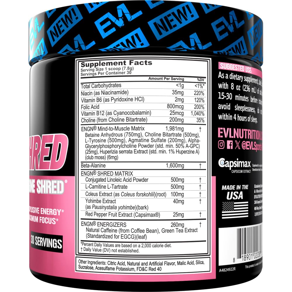 Cucharita dosificadora junto al polvo EVL ENGN Shred, mezcla para rendimiento