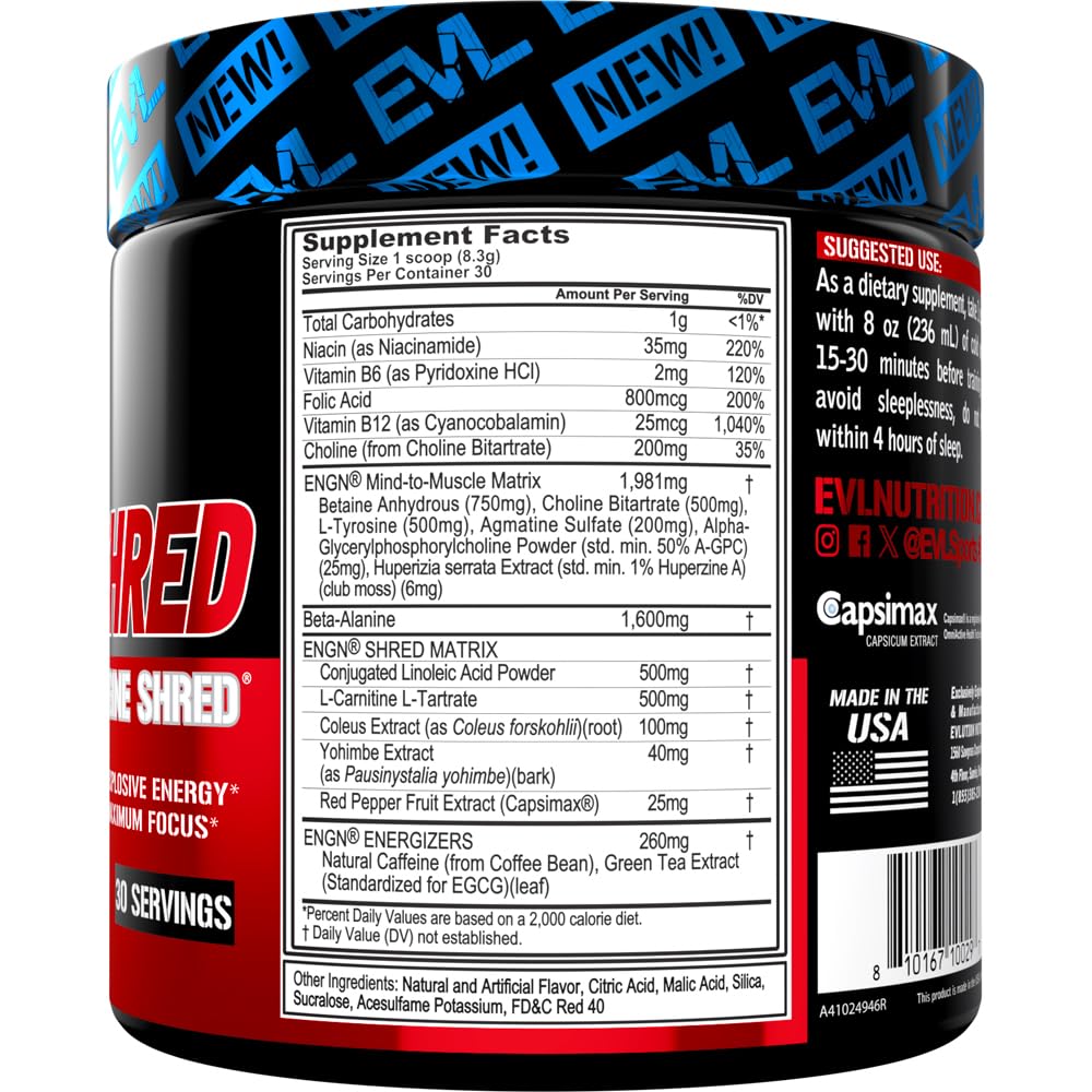 EVL ENGN Shred, ingredientes-clave visibles, potencian rendimiento y enfoque durante el entrenamiento.