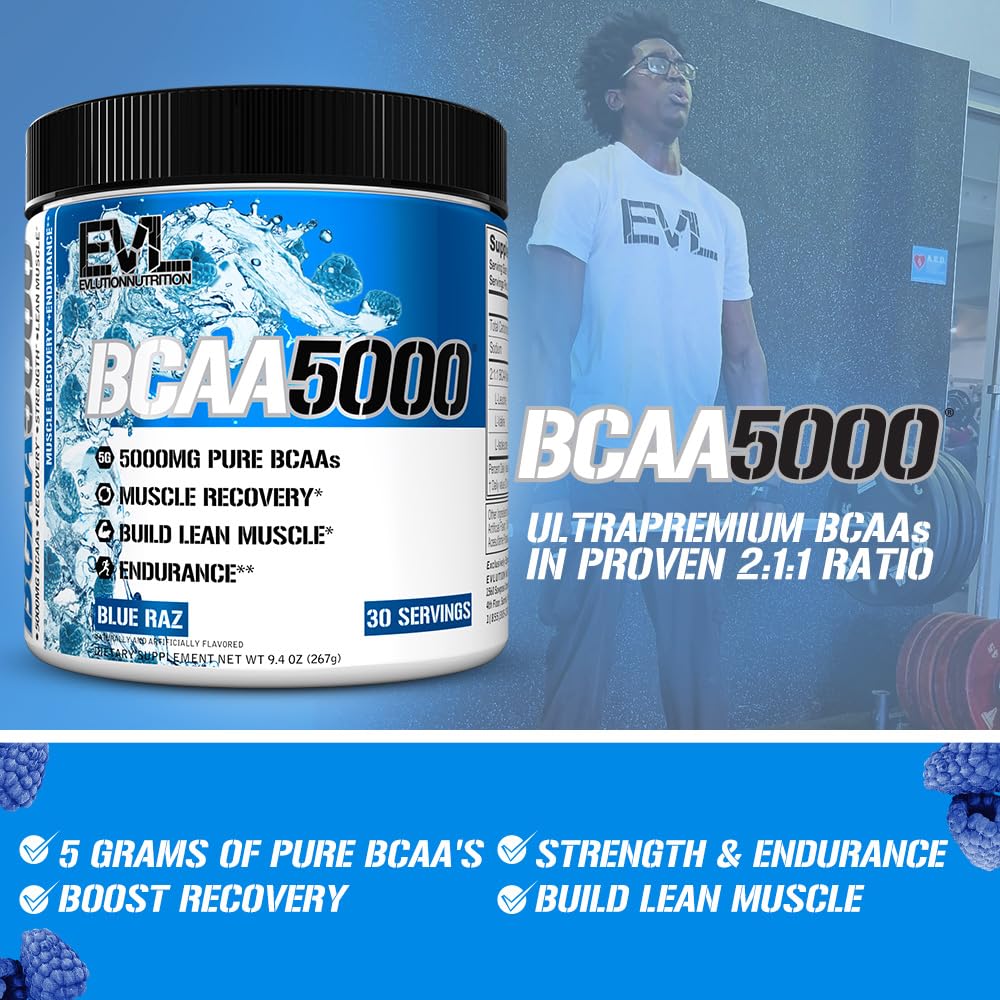 Evlution BCAAs lata azul-frambuesa, detalle de envase y sabor