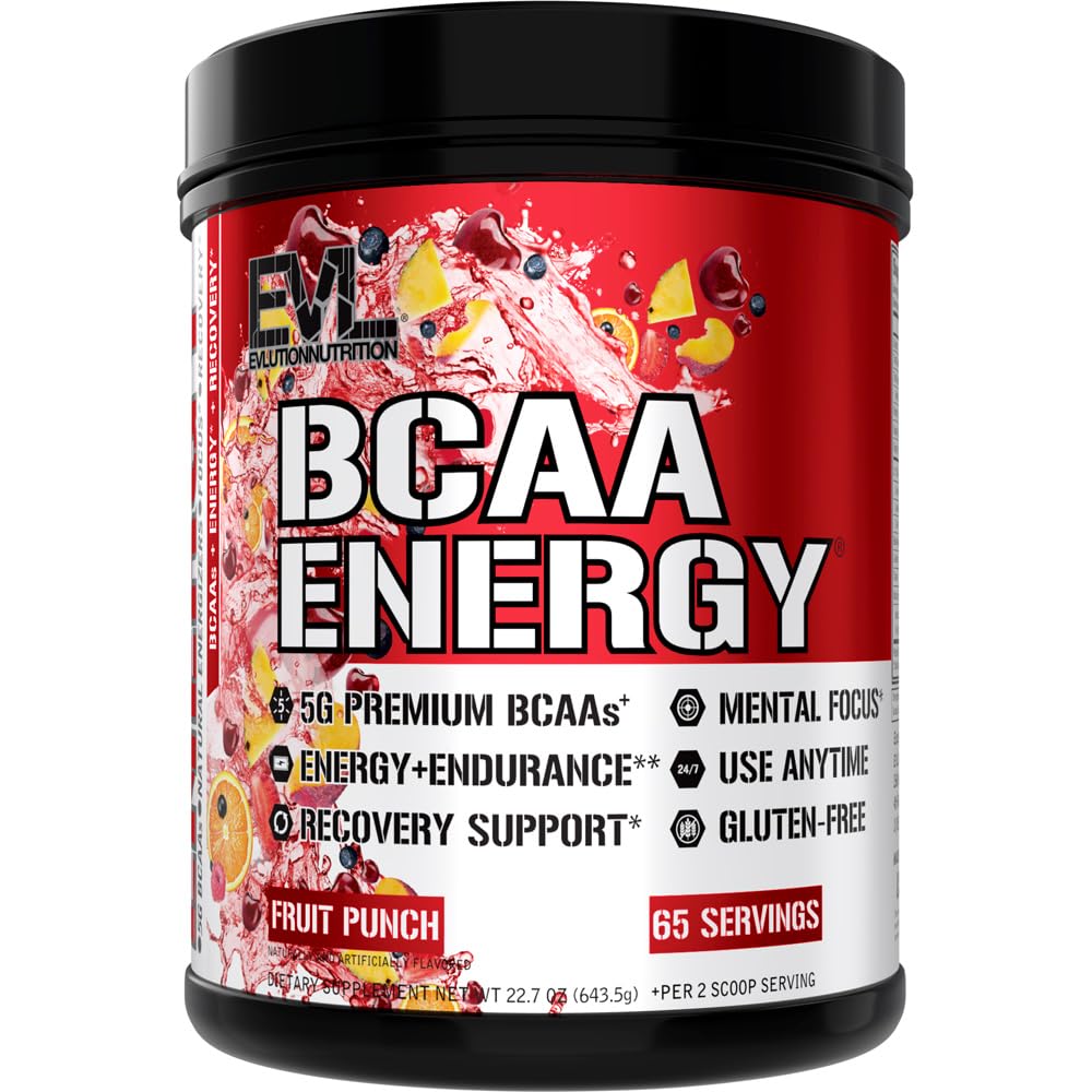 EVL BCAAs polvo Fruta Punch en frasco para entrenar y recargar energía