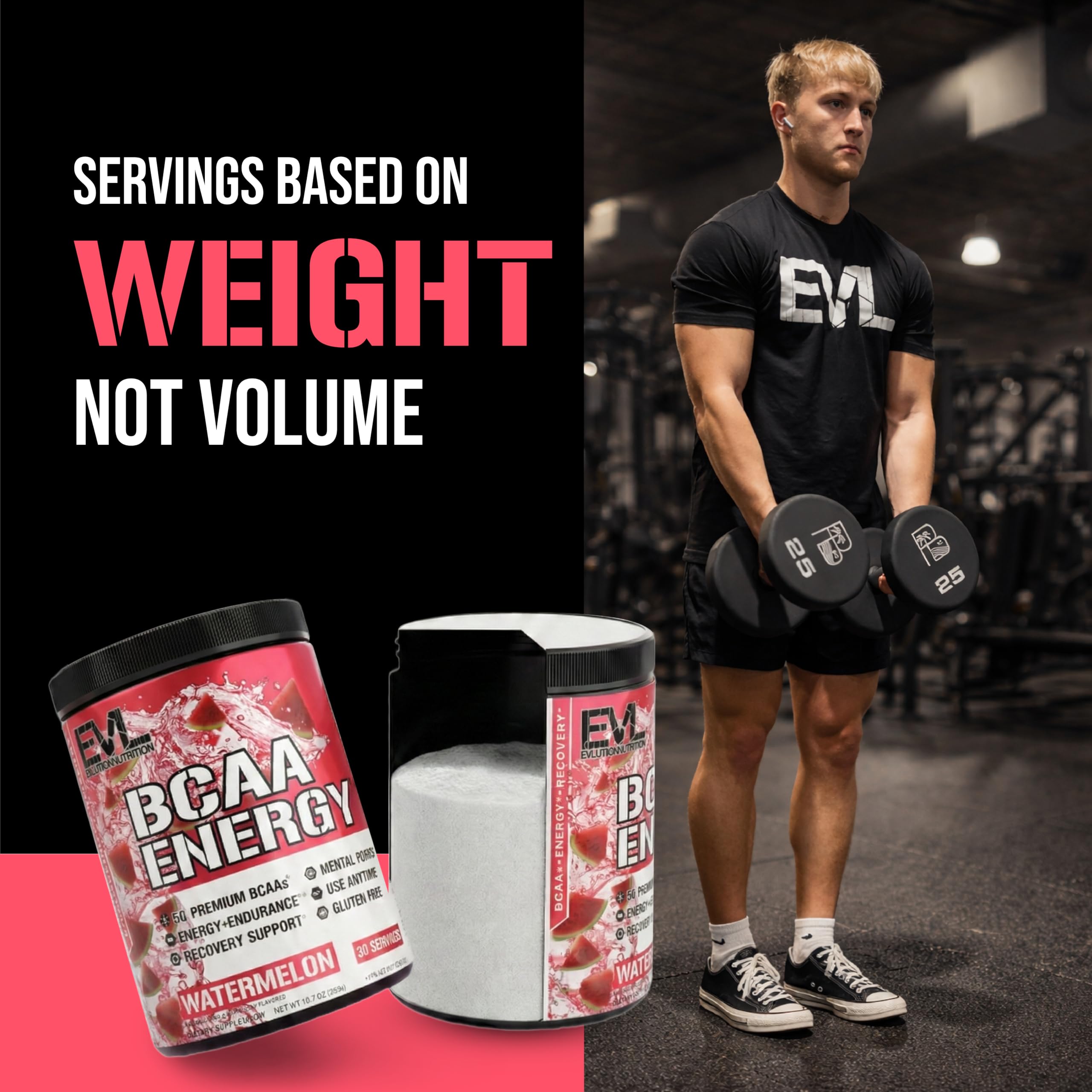 EVL BCAAs vaso con bebida energizante lista para el entrenamiento.