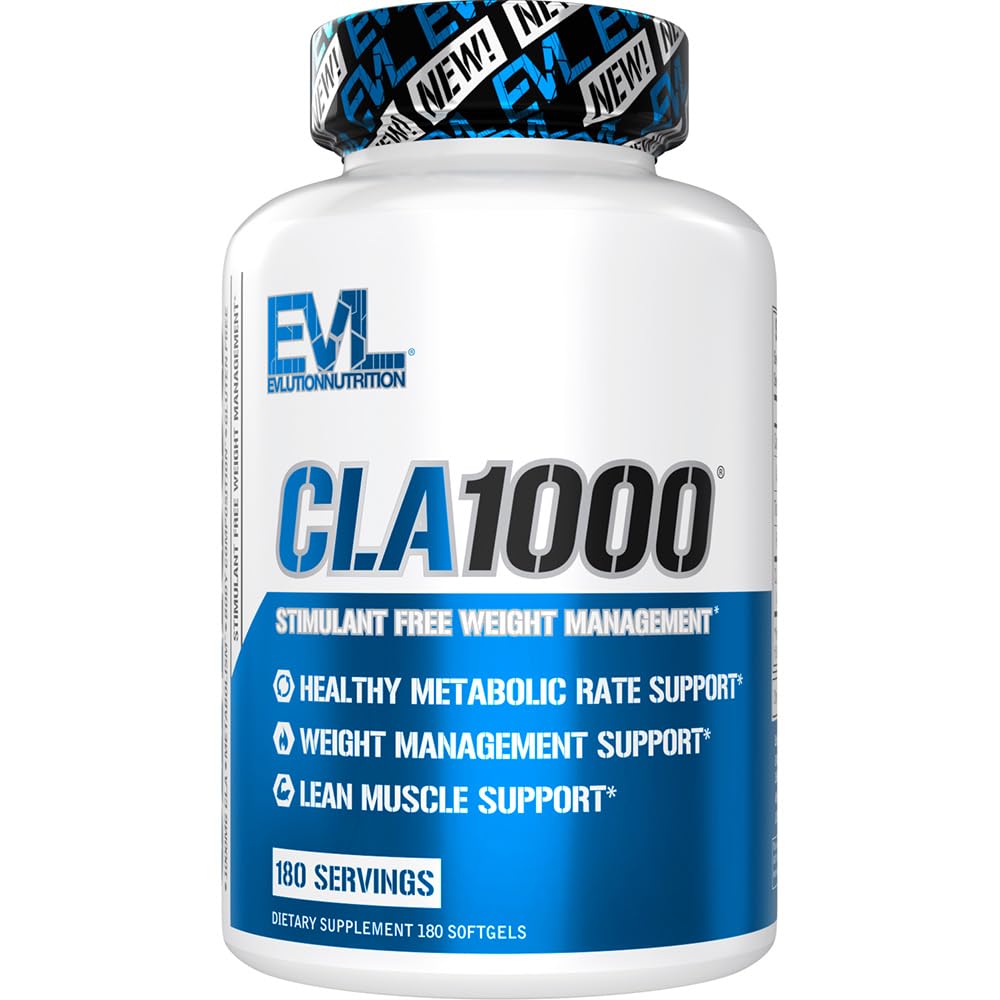 Evlution CLA 1000mg, frasco de cápsulas, apoyo a la quema de grasa y energía diaria.