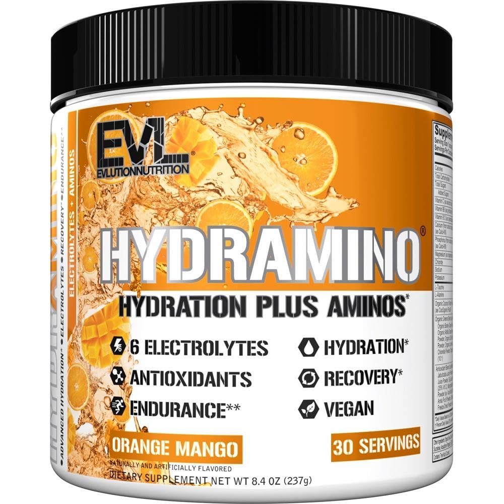 Evlution Hydramino, botella vertiéndose, muestra hidratación rápida para entrenamientos.