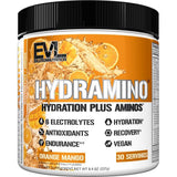 Evlution Hydramino, botella vertiéndose, muestra hidratación rápida para entrenamientos.