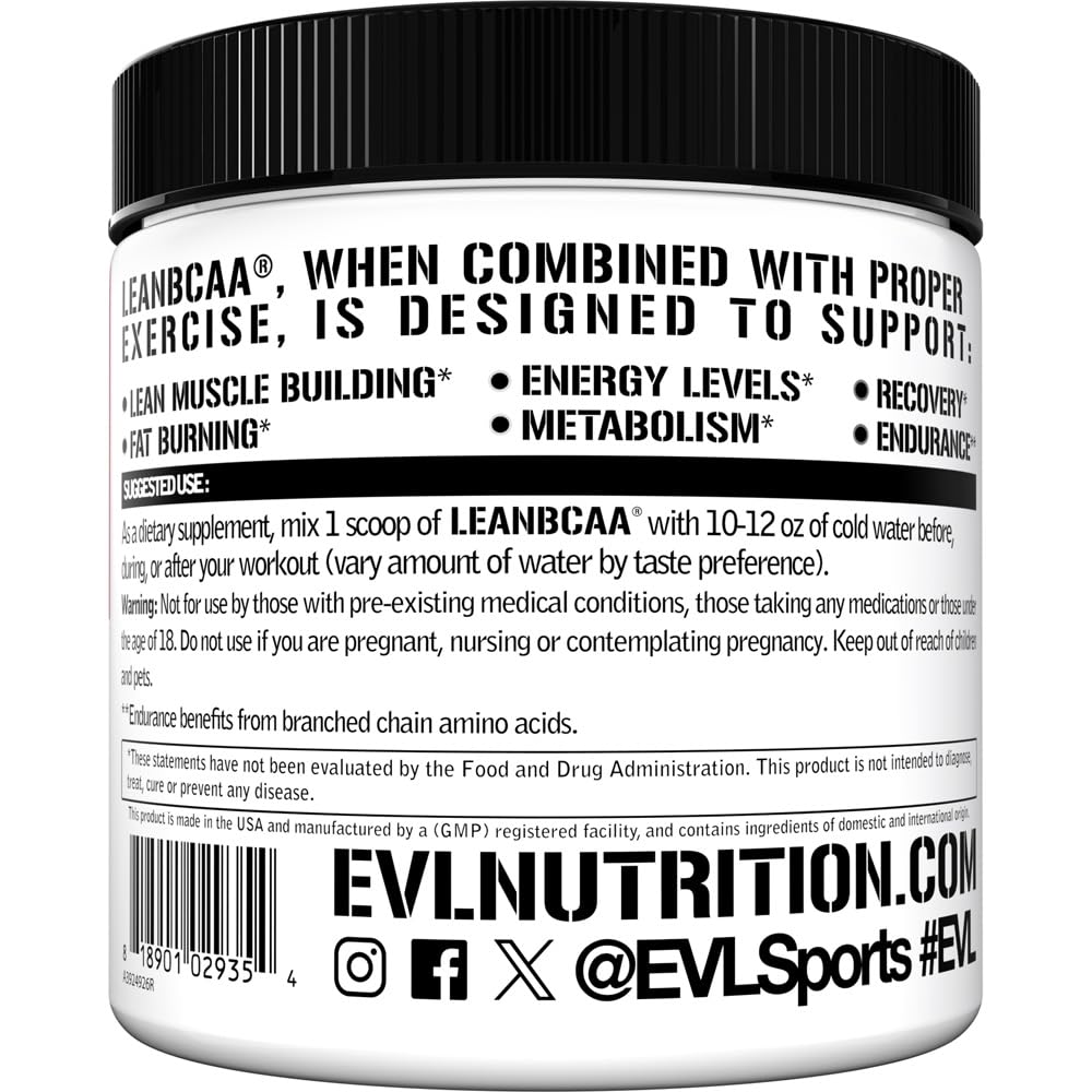 Evlution Lean BCAA: etiqueta destaca CLA y L-carnitina para metabolismo y apoyo muscular.