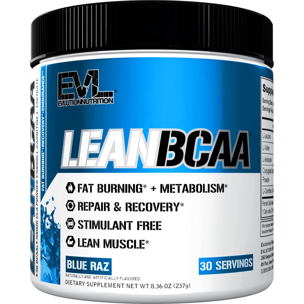 EVLUTION Lean BCAA en botella frontal con etiqueta clara, ideal para recuperación posentrenamiento.