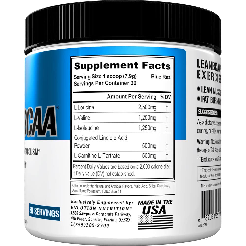 EVLUTION Lean BCAA, etiqueta clara destacando ingredientes para rendimiento y recuperación.