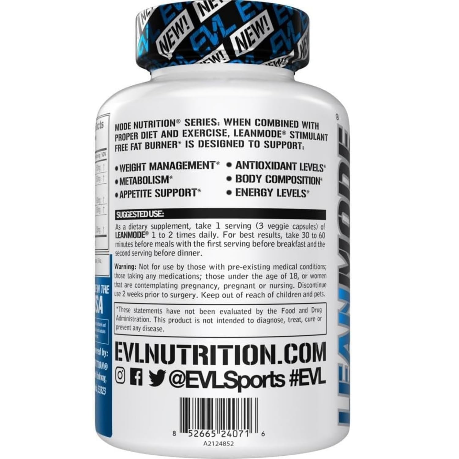 Etiqueta de EVL LeanMode muestra ingredientes clave y transparencia para confianza.