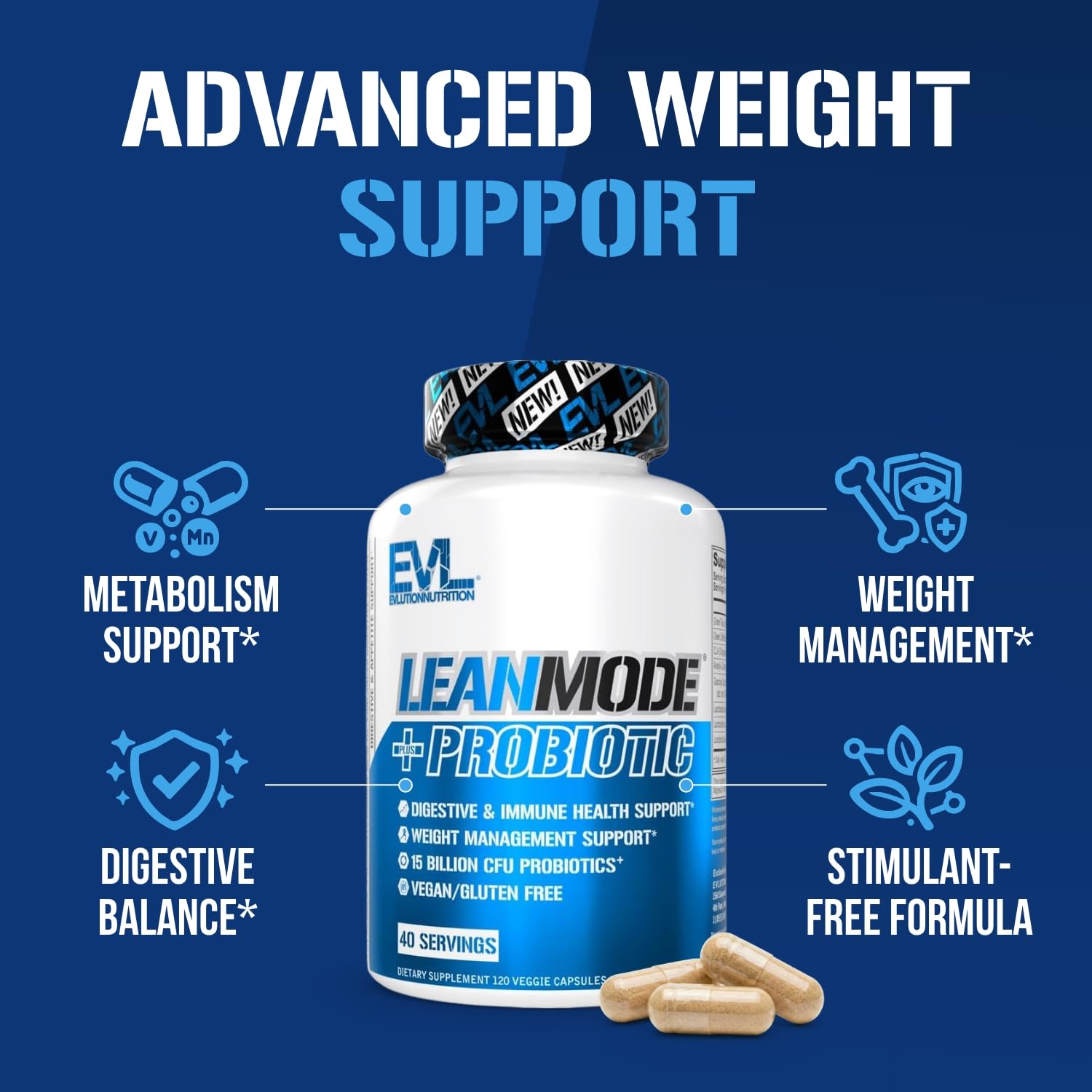 EVL LeanMode Probiotic, etiqueta trasera: lista de ingredientes de calidad.