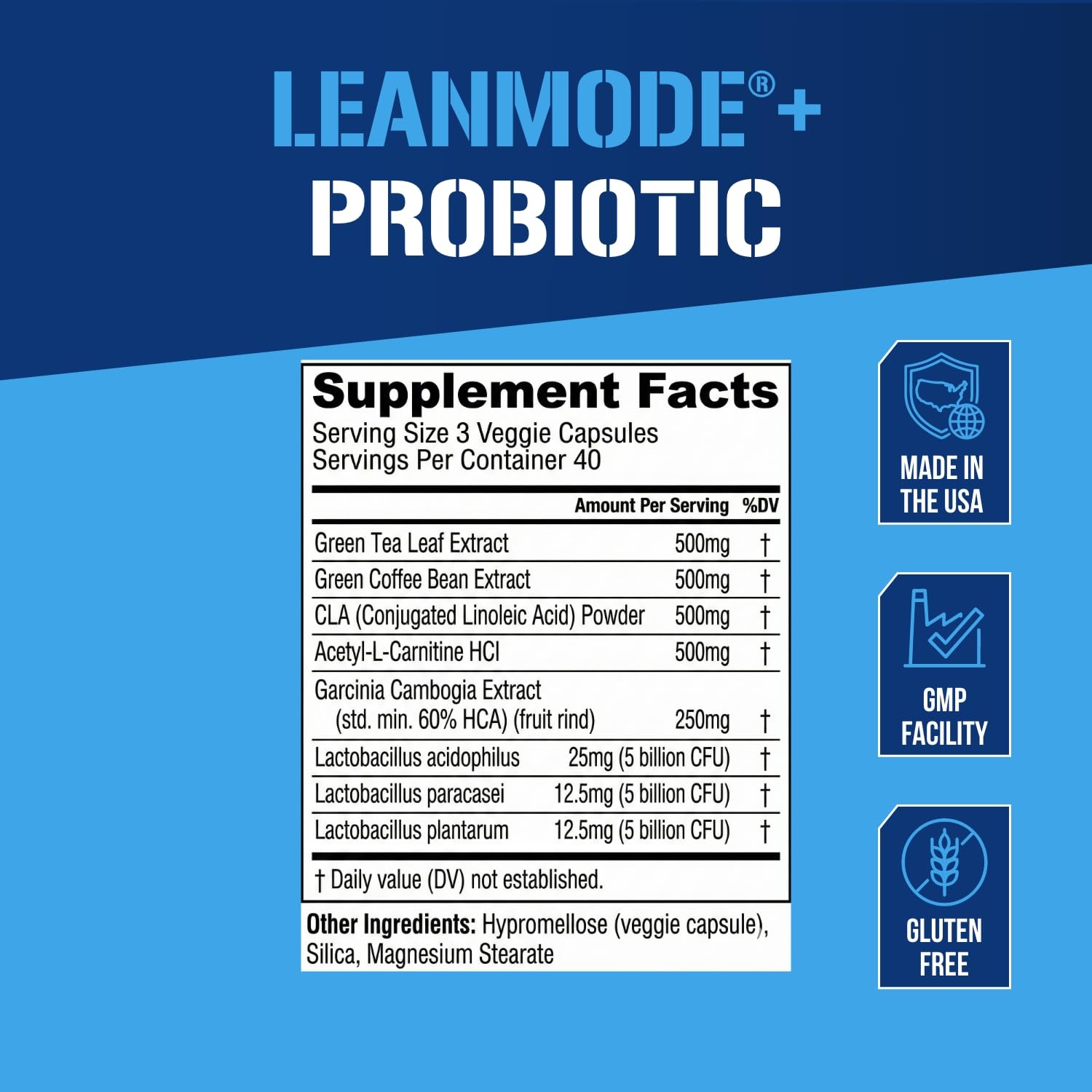 EVL LeanMode Probiotic, etiqueta frontal: lectura clara de la marca y beneficios.