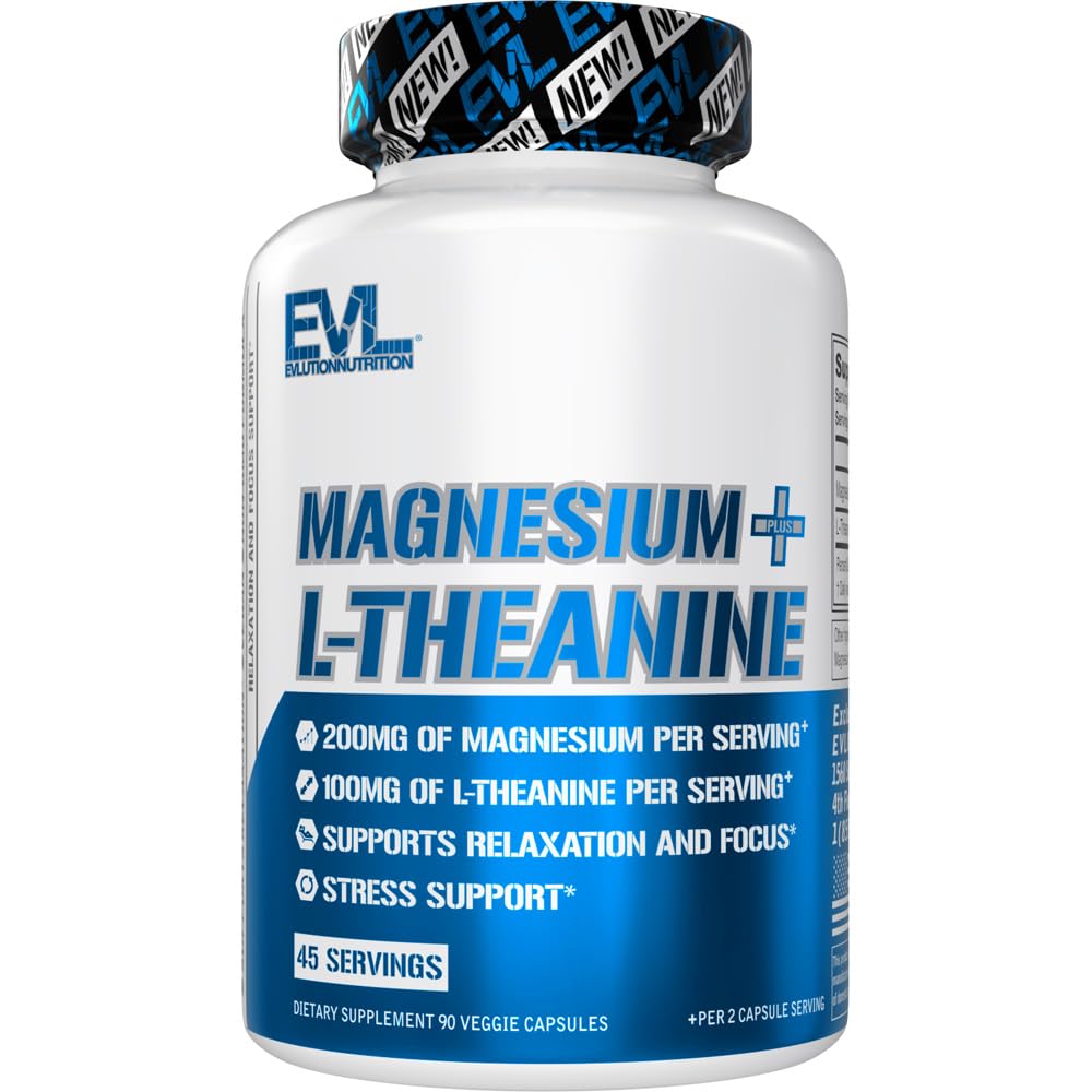 Evlution Magnesium L-Theanine en botella, posible apoyo para calma y concentración.