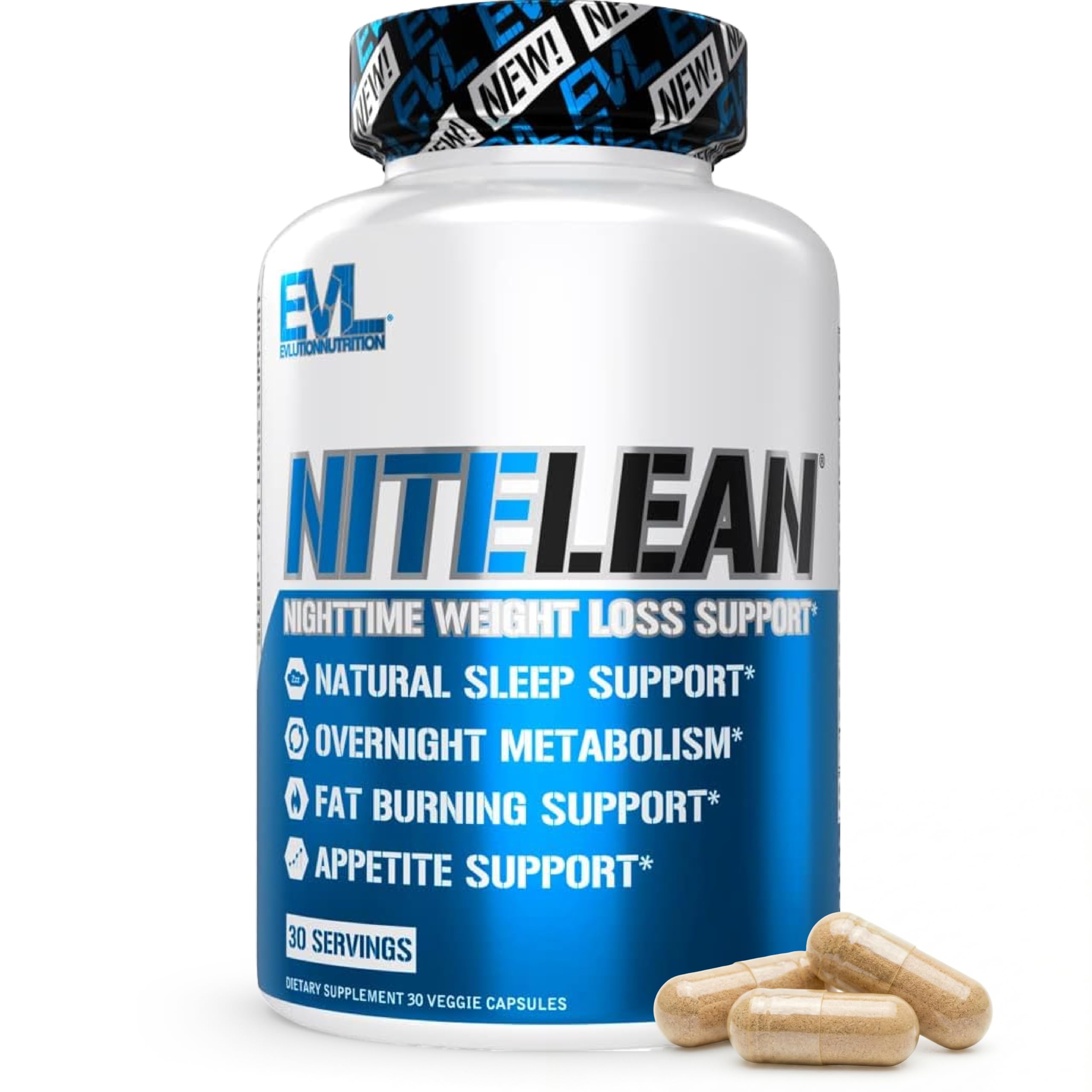 Evlution NiteLean, botella del producto, apoyo metabólico nocturno durante la noche.