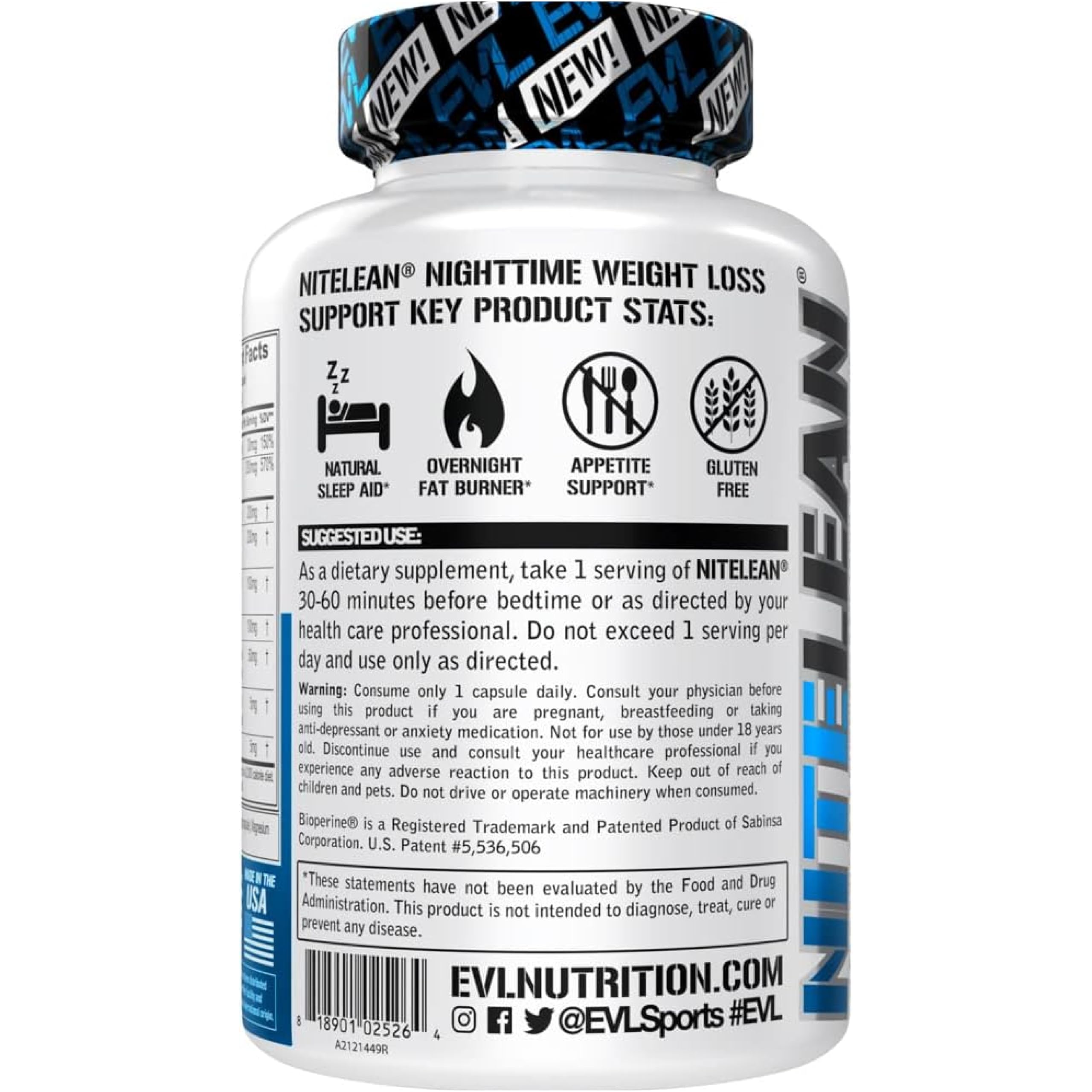 Etiqueta frontal de Evlution NiteLean muestra ingredientes clave para la noche.