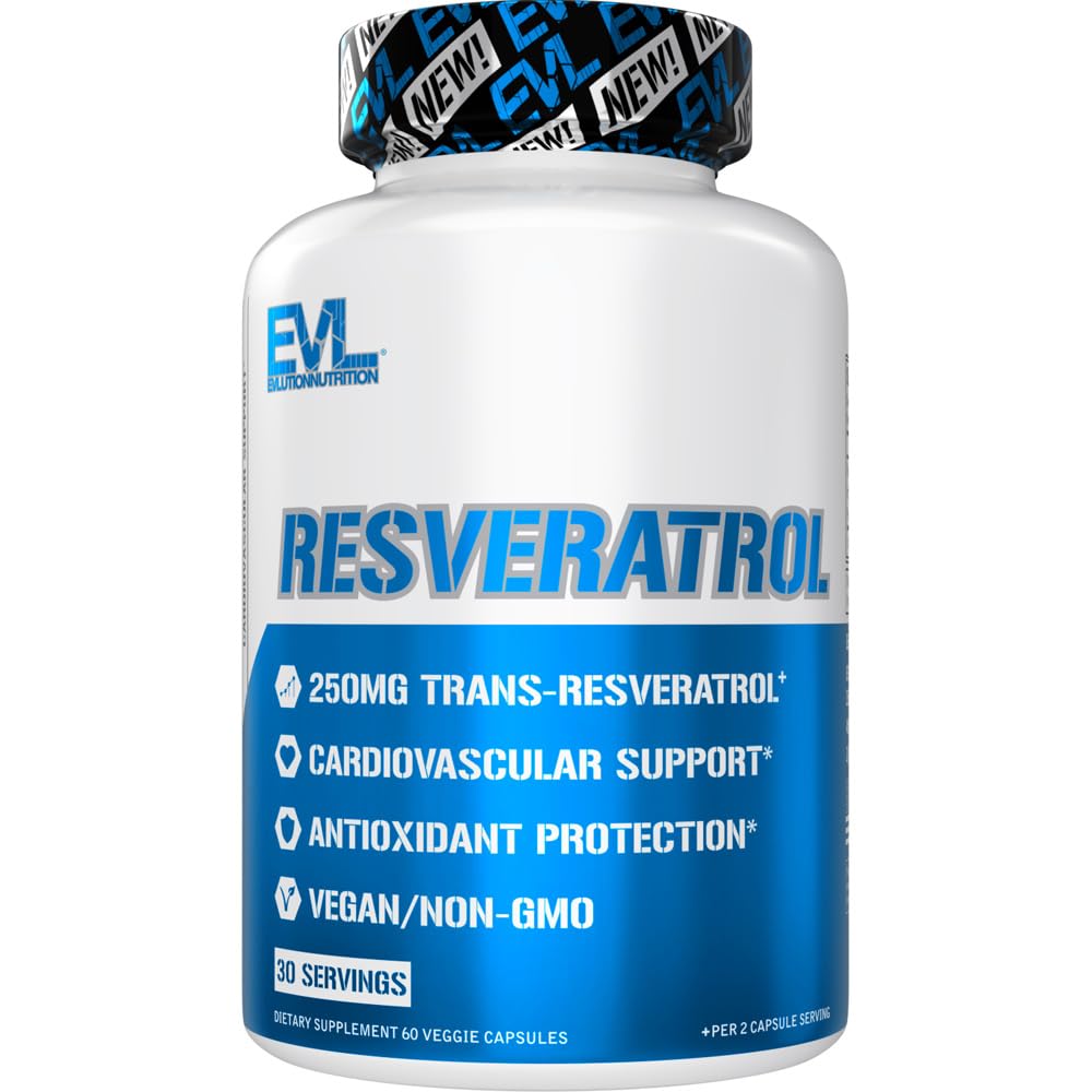 Evlution Resveratrol: bote de cápsulas de 250 mg para apoyo antioxidante diario.