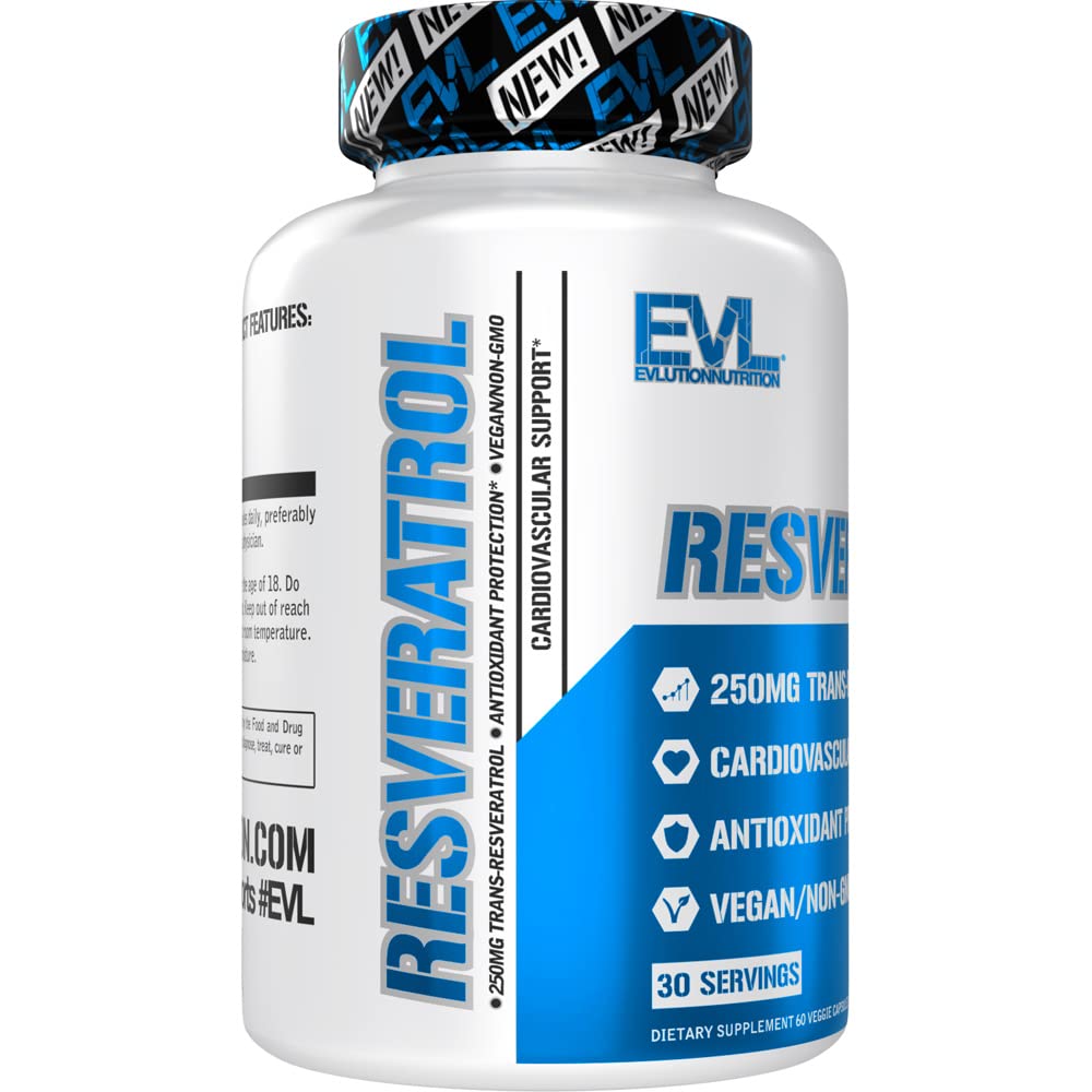 Caja y envase de Evlution Resveratrol con logotipo de la marca.