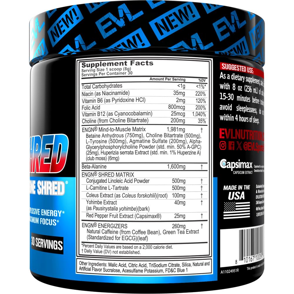 EVL Ultimate Pre Workout con cuchara medidora para medir dosis con precisión