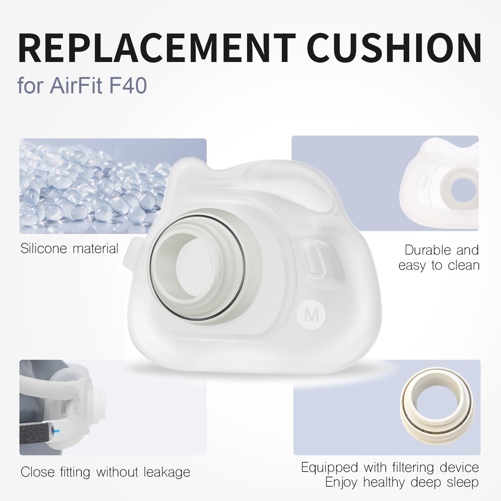 Evoclean AirFit F40: cojin silicona disponible en dos tallas para mejor adaptación.