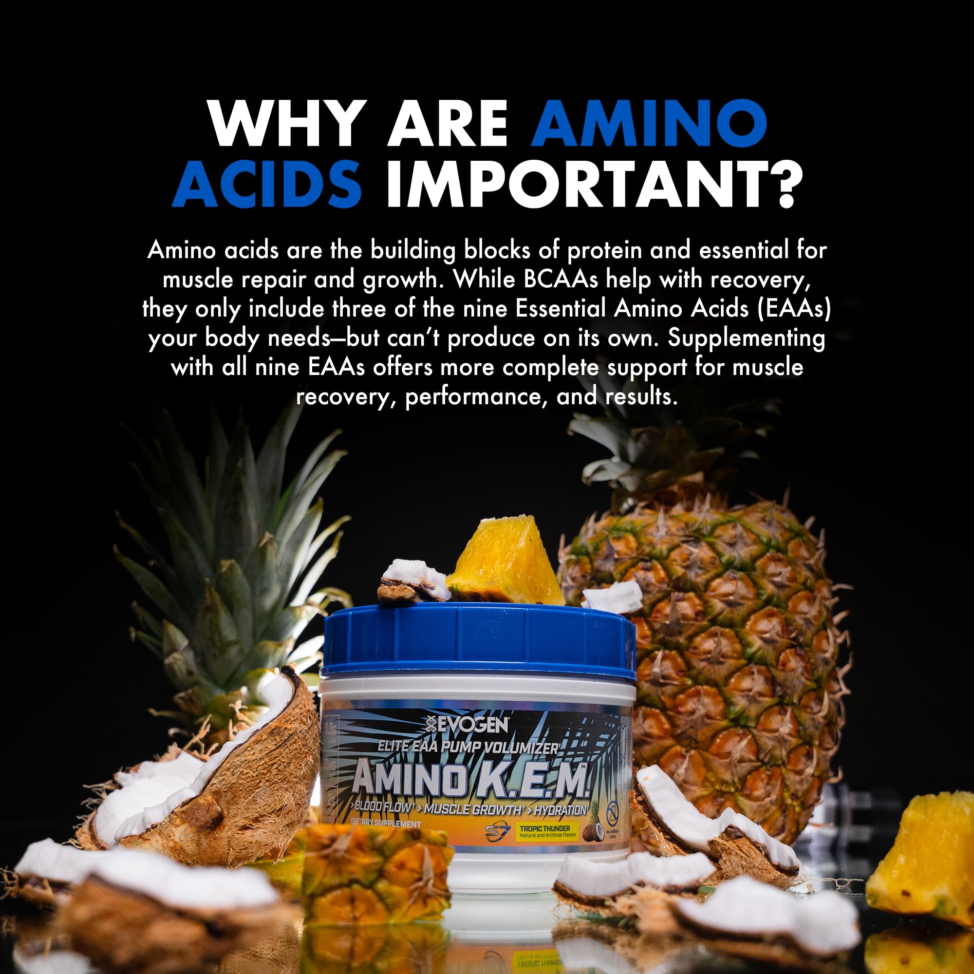 Frasco de Evogen Amino K.E.M. abierto mostrando el contenido.