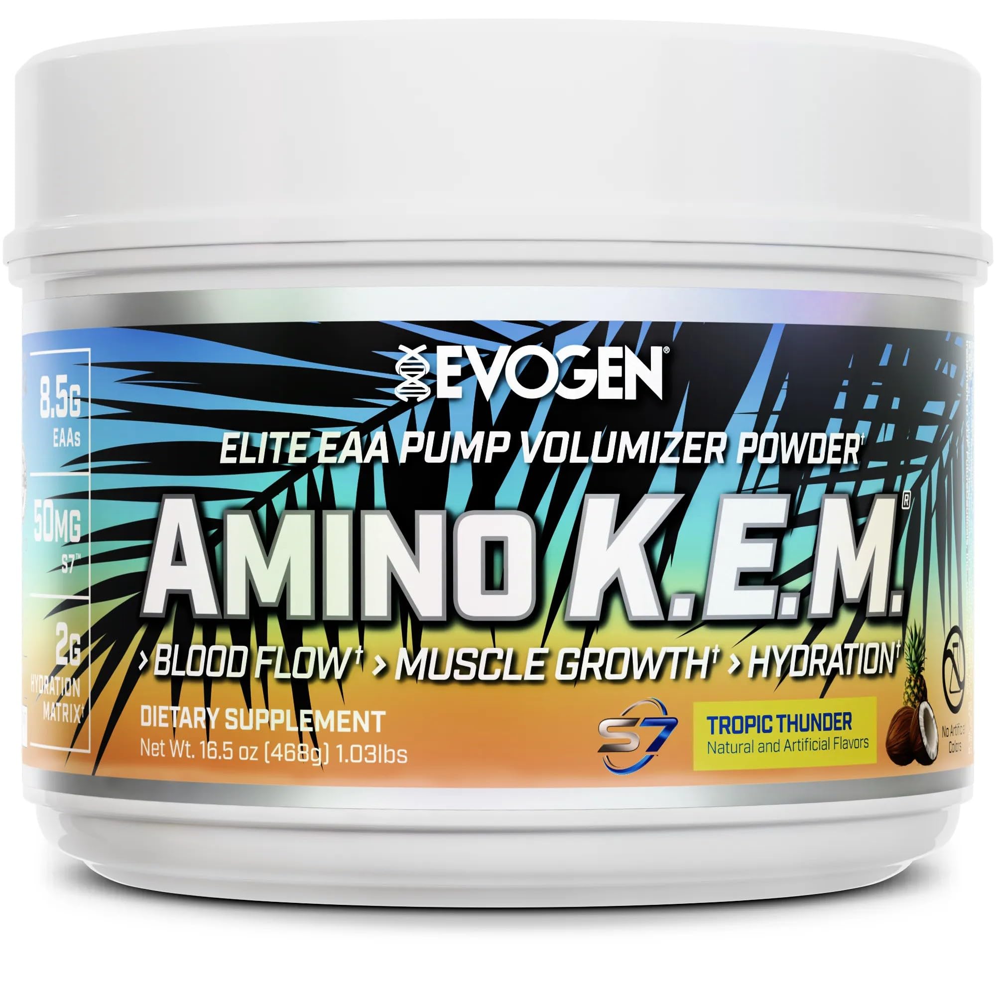 Evogen Amino K.E.M. en bote con etiqueta para entender su composición y beneficios.