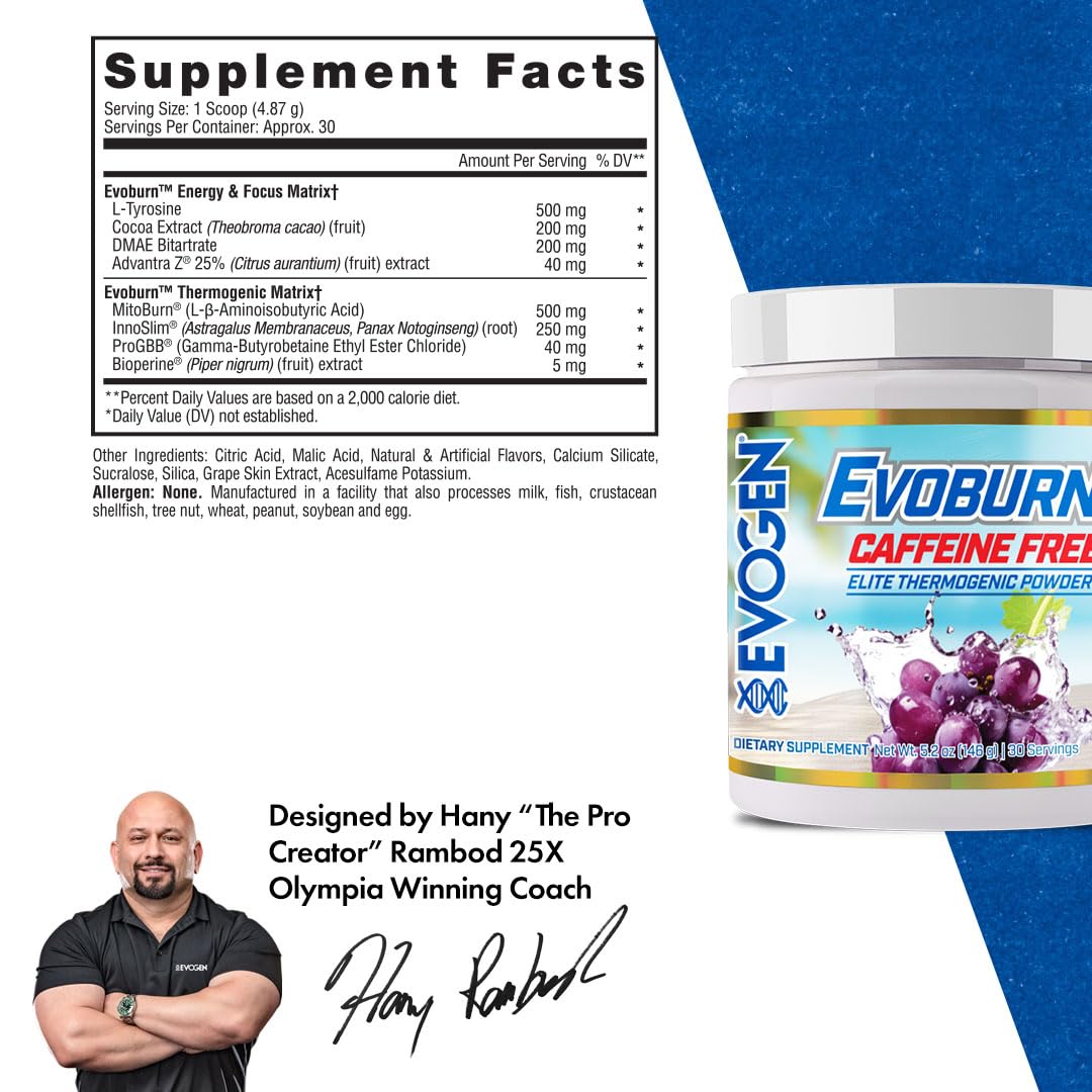 Evogen Evoburn sin cafeína: etiqueta frontal que comunica sabor uva explosiva.