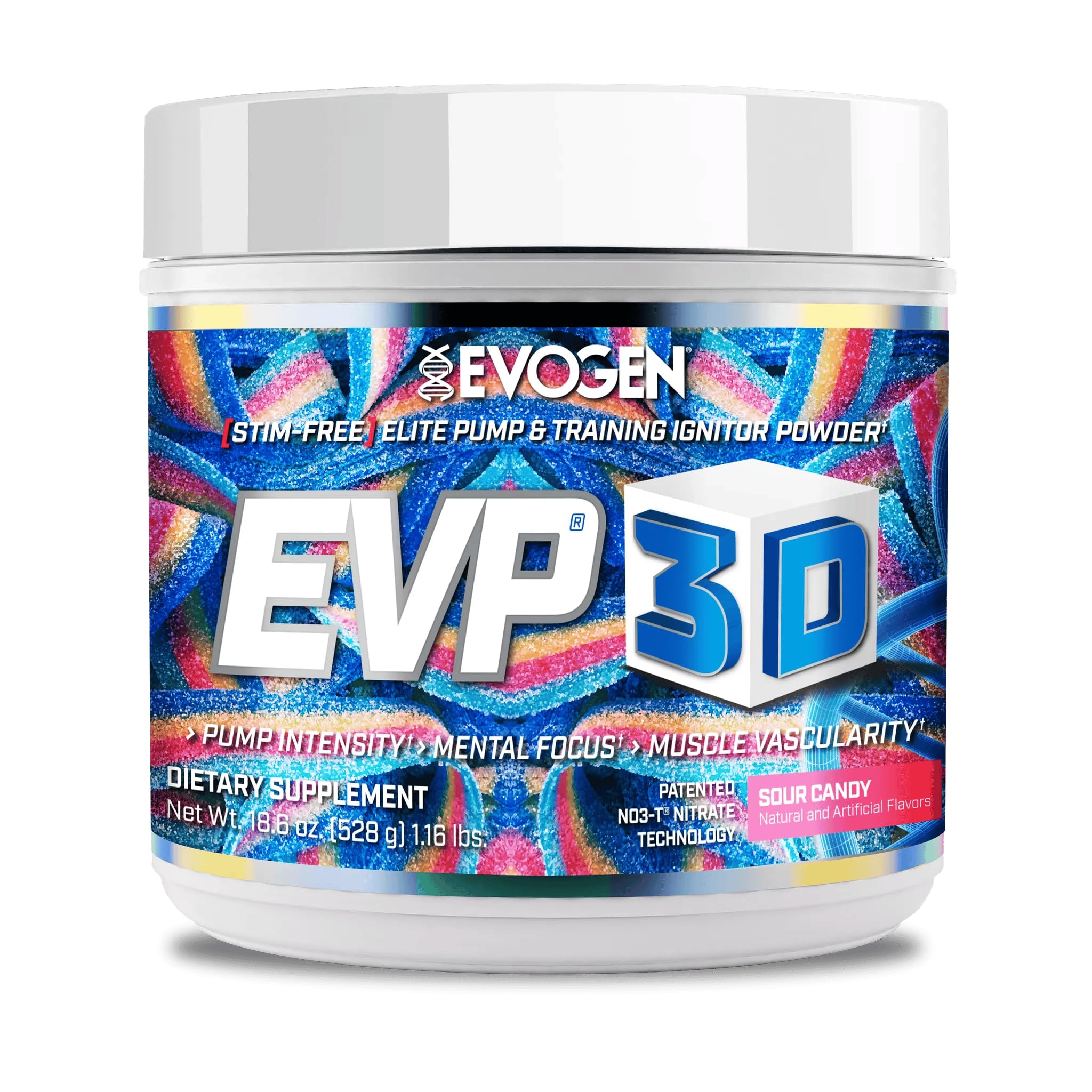 Evogen EVP 3D, botella frontal, ideal para entrenamientos intensos sin cafeína.
