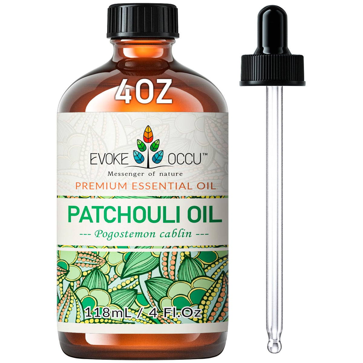 EVOKE OCCU Patchouli: botella de vidrio ámbar para conservar aceite esencial puro.