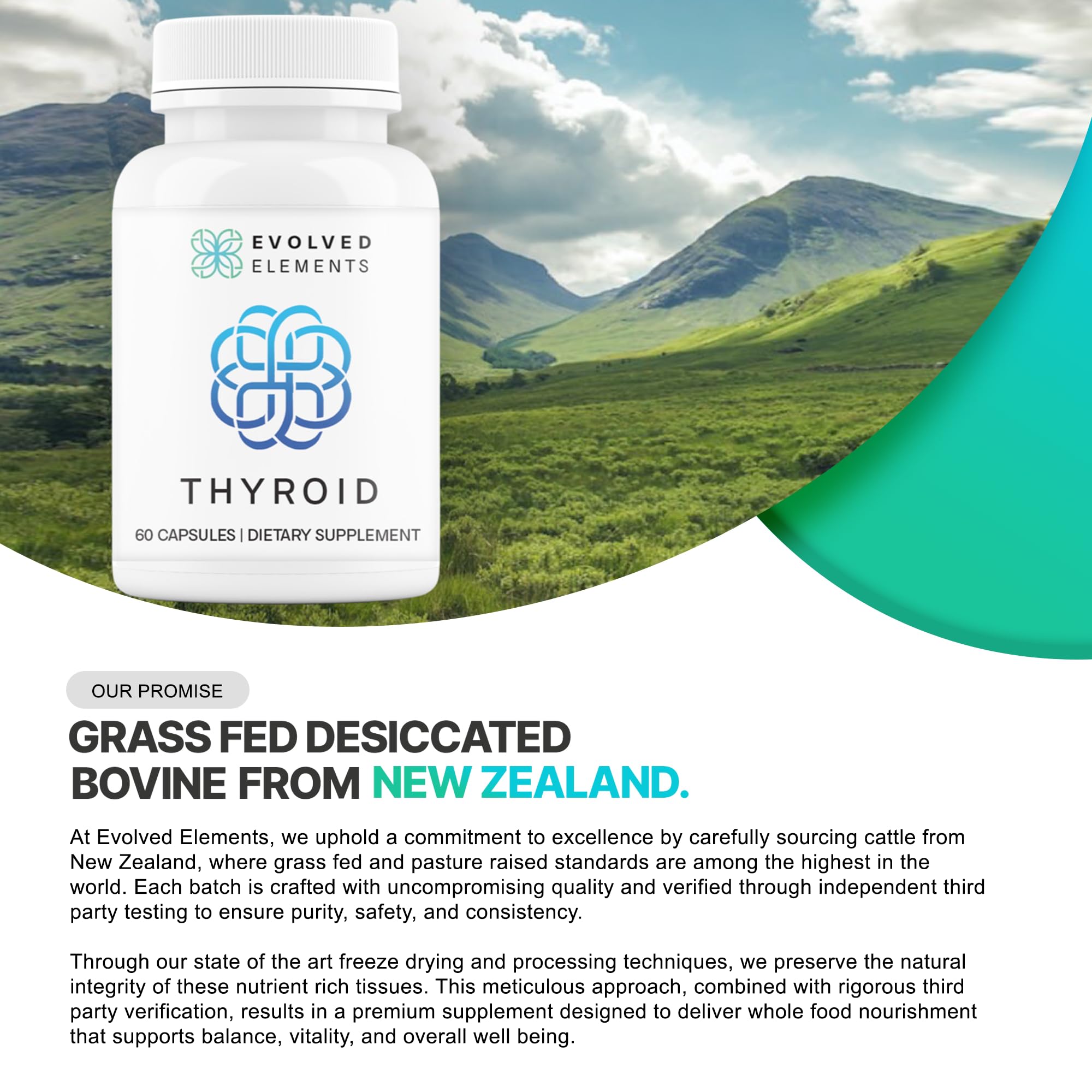 Evolved Elements etiqueta del producto tiroides con cápsulas de fácil consumo.
