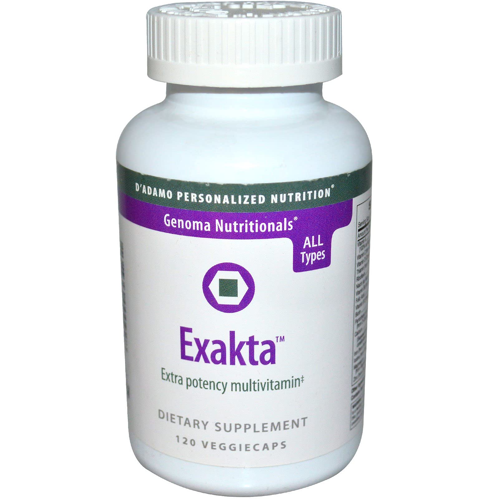 Exakta 120 de D'Adamo, botella de cápsulas, apoyo diario de nutrientes.