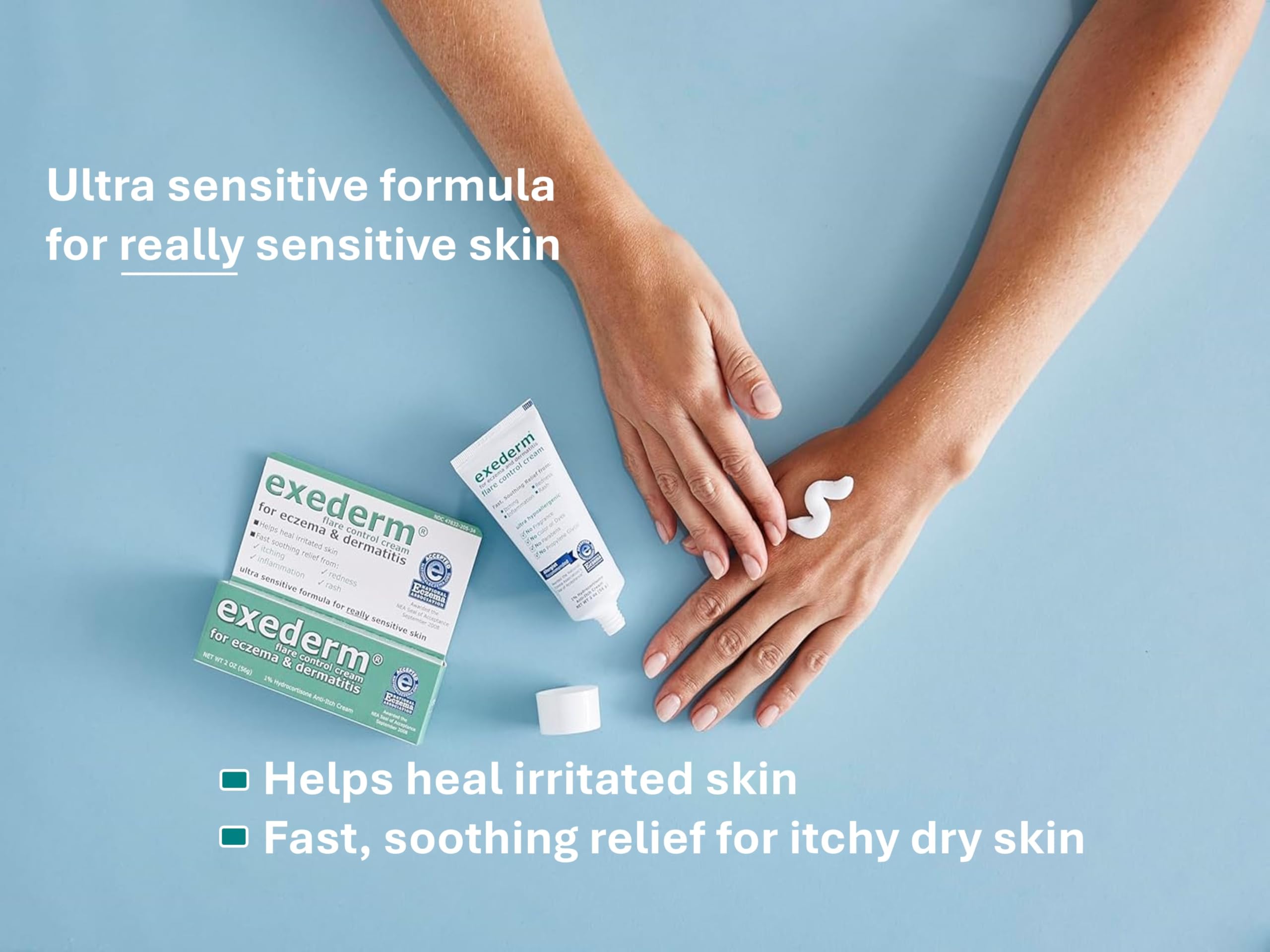 Piel sensible se beneficia de Exederm Flare Control, fórmula suave.