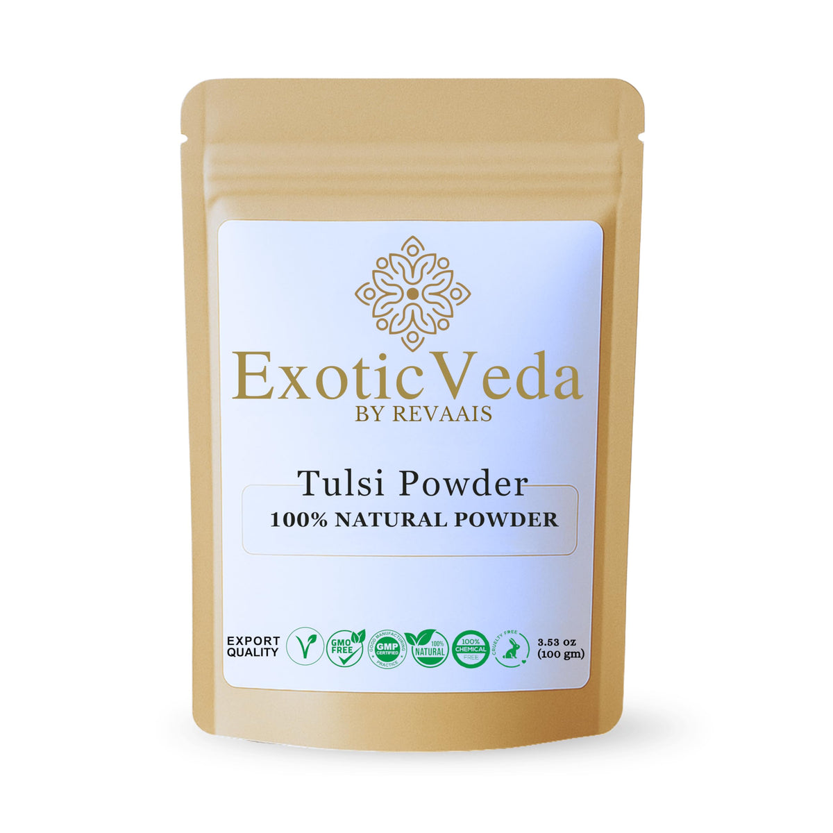 Polvo Tulsi de Exotic Veda en frasco para infusiones aromáticas.