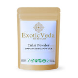 Polvo Tulsi de Exotic Veda en frasco para infusiones aromáticas.
