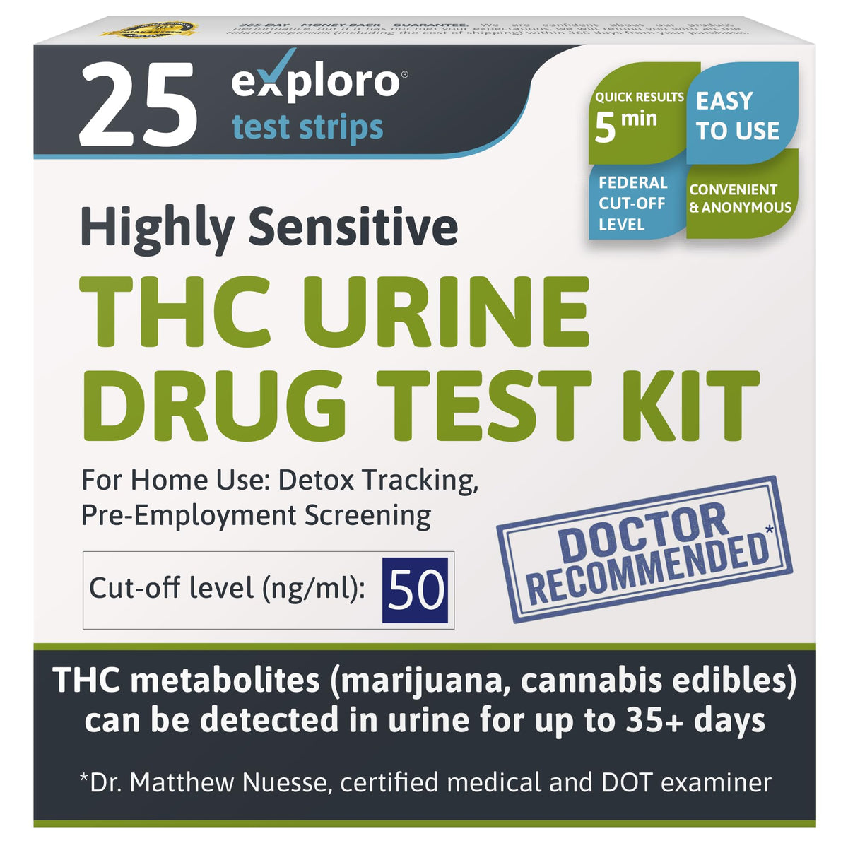 Exploro kit de pruebas THC 25 unidades para uso doméstico confiable