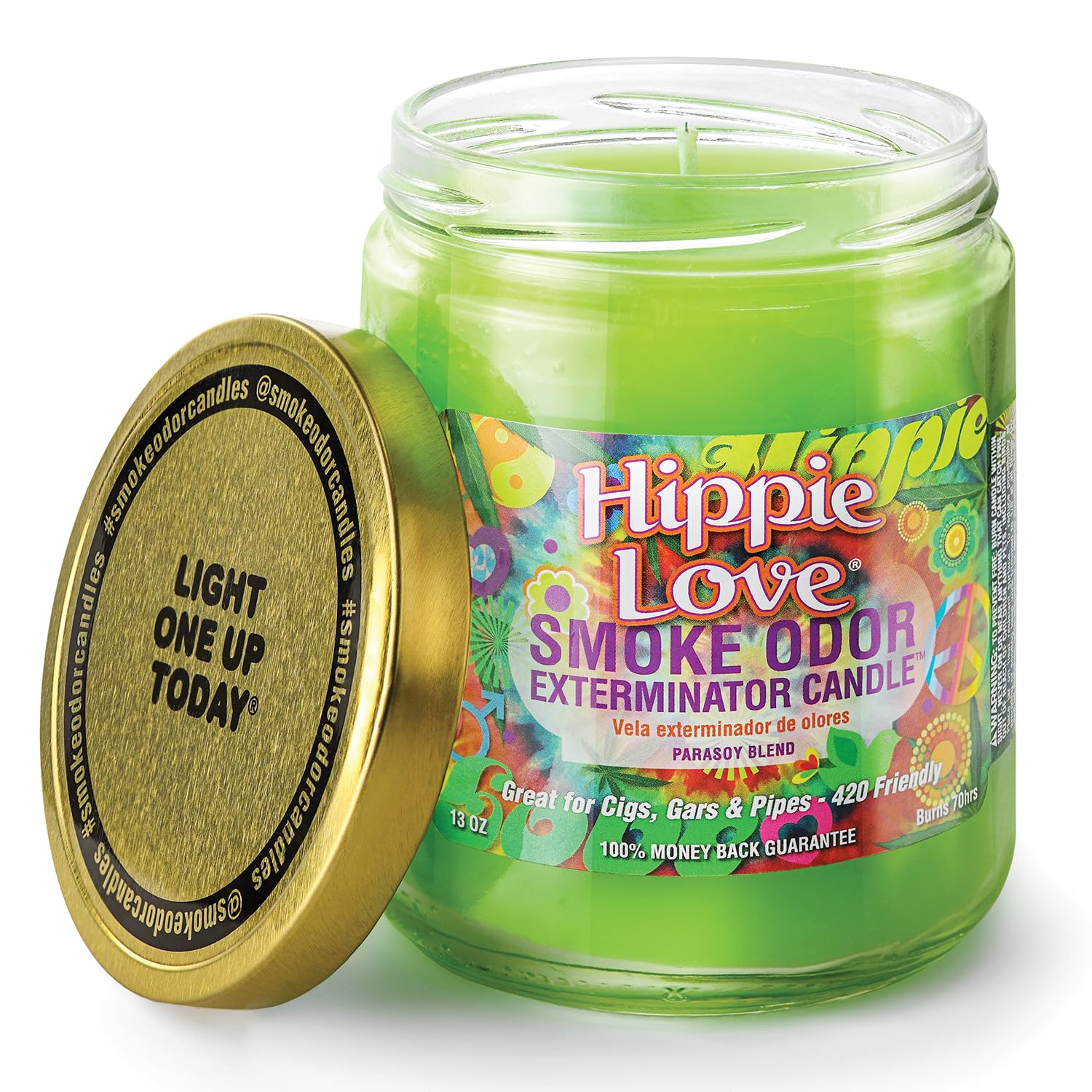 Exterminador de Olores Hippie Love tarro 13oz, mejora el aire tras humo reciente.