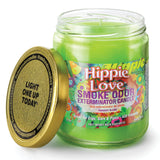 Exterminador de Olores Hippie Love tarro 13oz, mejora el aire tras humo reciente.