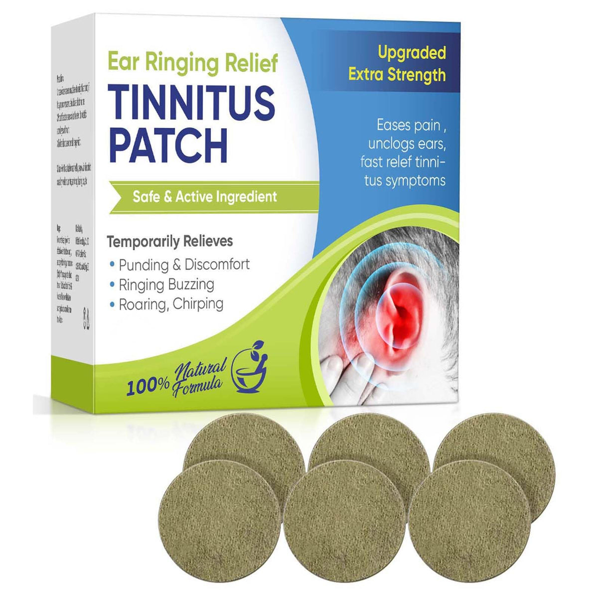 Parche EXVITAMIN para acúfenos colocado detrás de la oreja, alivio suave.