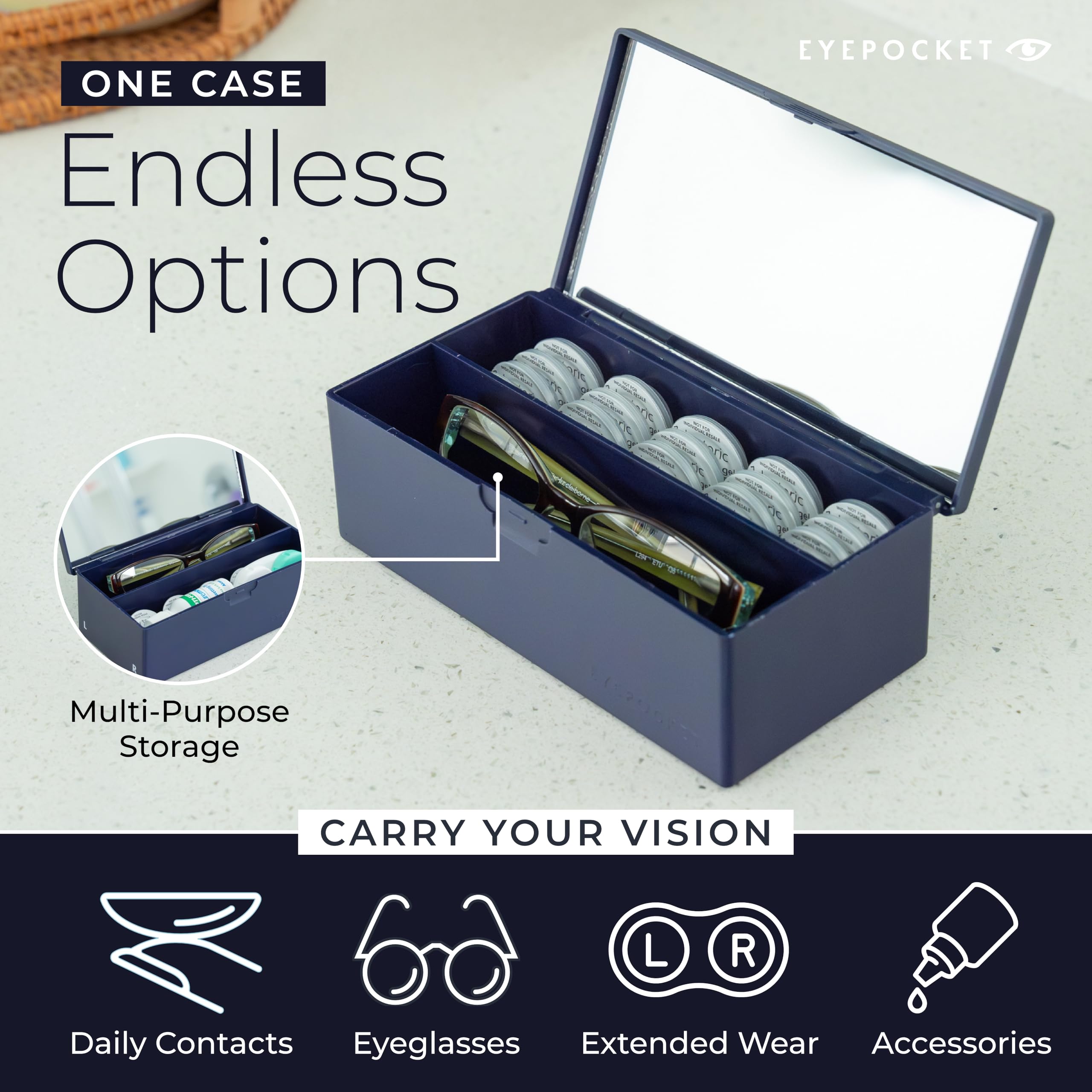 EYEPOCKET estuche de viaje compacto, perfecto para llevar lentes diarios en cualquier salida.