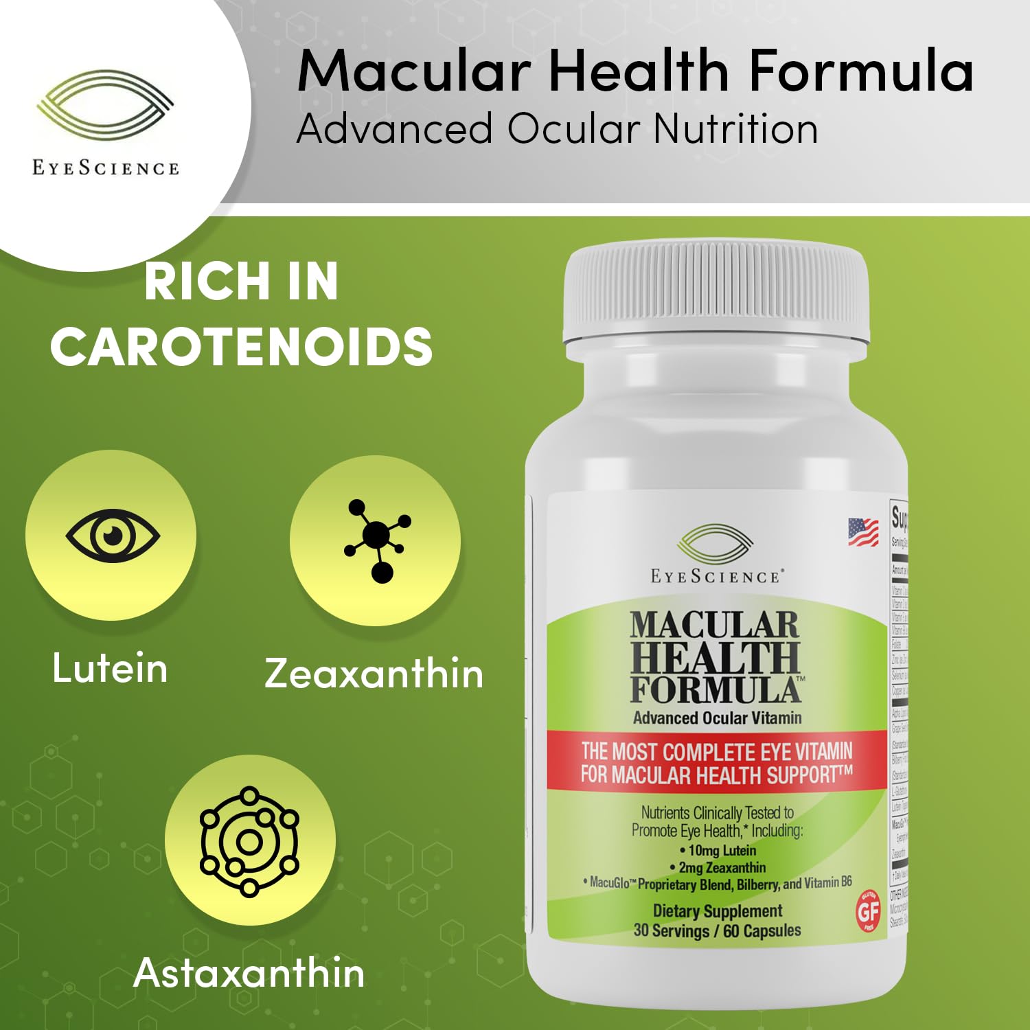 EyeScience Macular Health Formula: botella cerrada y etiqueta legible