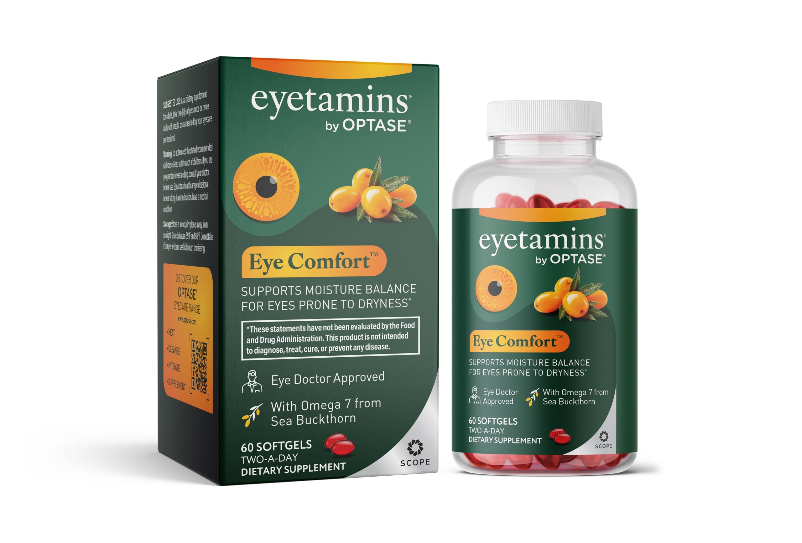 eyetamins botellas cápsulas blandas en estuche, ideal para una rutina ocular vegana.