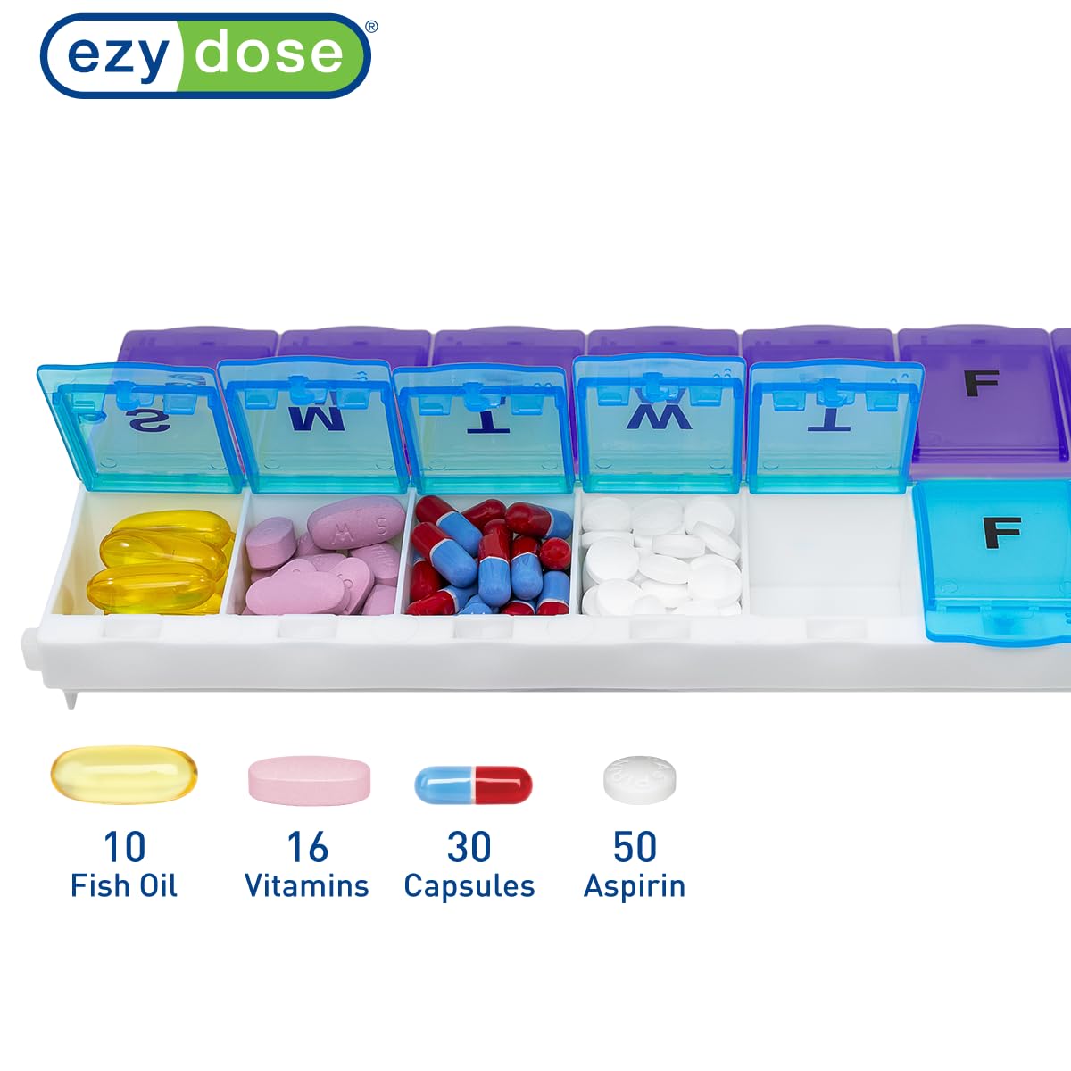 Compartmentes con cierre seguro de EZY DOSE para evitar derrames durante el viaje