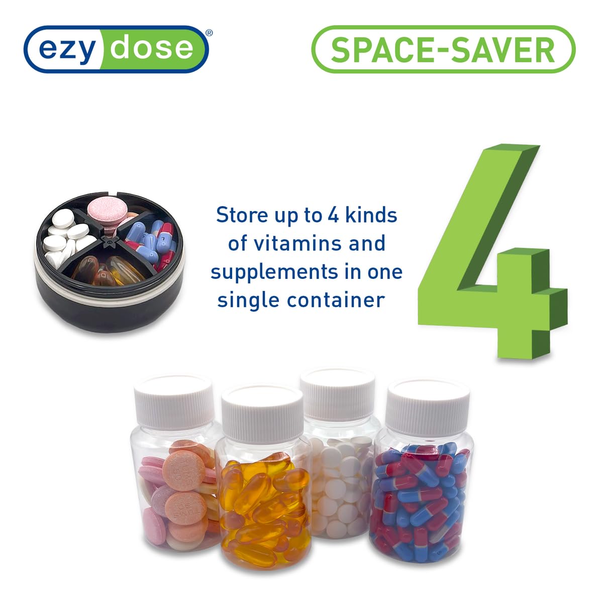 ez-dose compartimentos cuádruples para vitaminas en un estuche único.