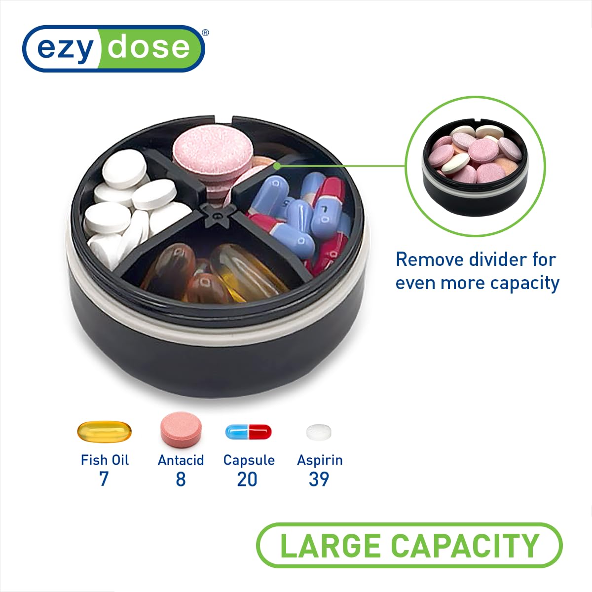 ez-dose dispensador de pastillas de acceso fácil para uso diario.