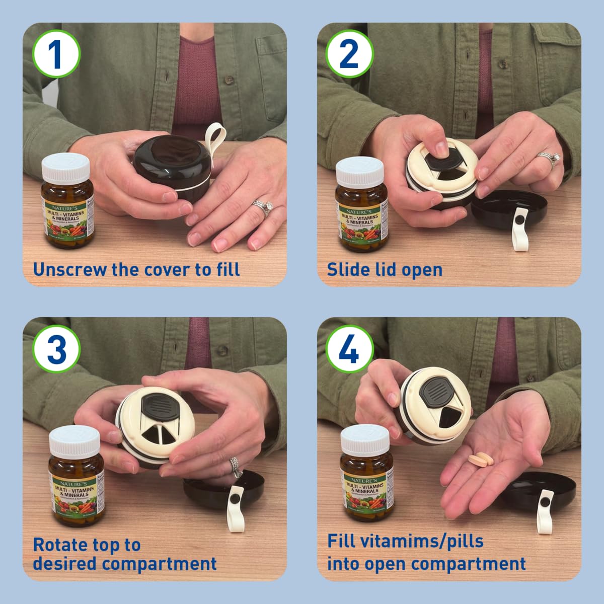 ez-dose acceso rápido para tomar suplementos en casa o trabajo.