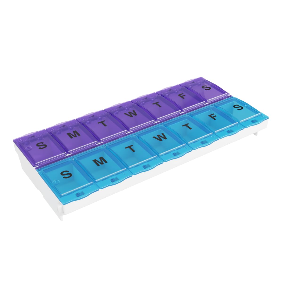 Organizador EZY DOSE semanal en azul y morado para mañana y noche, fácil de planificar dosis