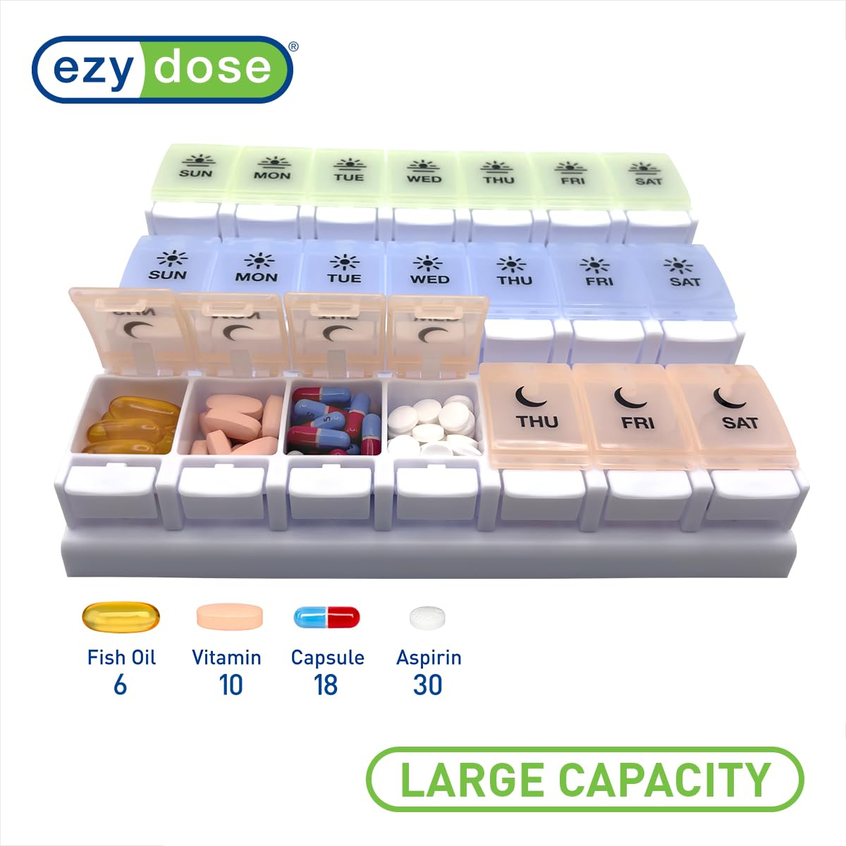 EZY DOSE con tres tiempos del día, acceso rápido a tus pastillas.
