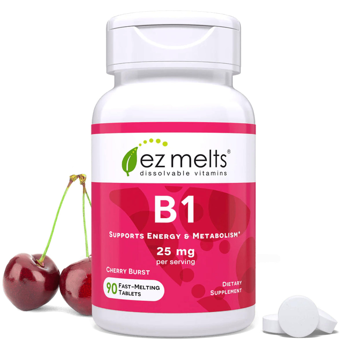 EZ Melts B1 25 mg, botella frontal, disolución rápida para energía diaria.